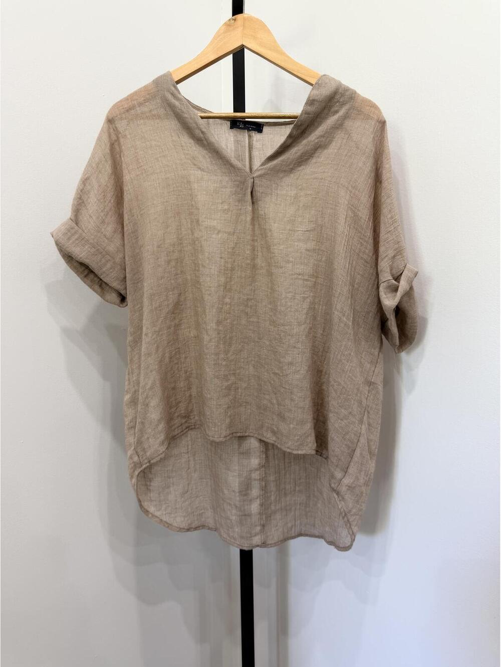 KLD Medium Beige Linen V-Neck Short Sleeve Blouse with Rolled Sleeves